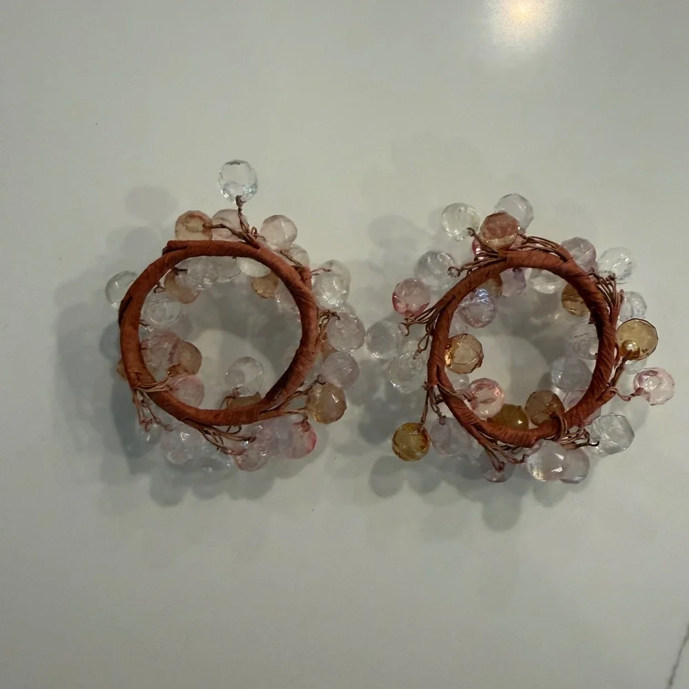 Set of 2 Beaded Napkin Rings Amber Pink Clear Faceted Acrylic Table Decor